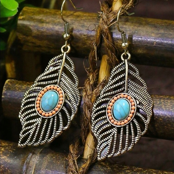 Feather Turquoise Stone Silver Drop Earrings - Picture 5 of 14